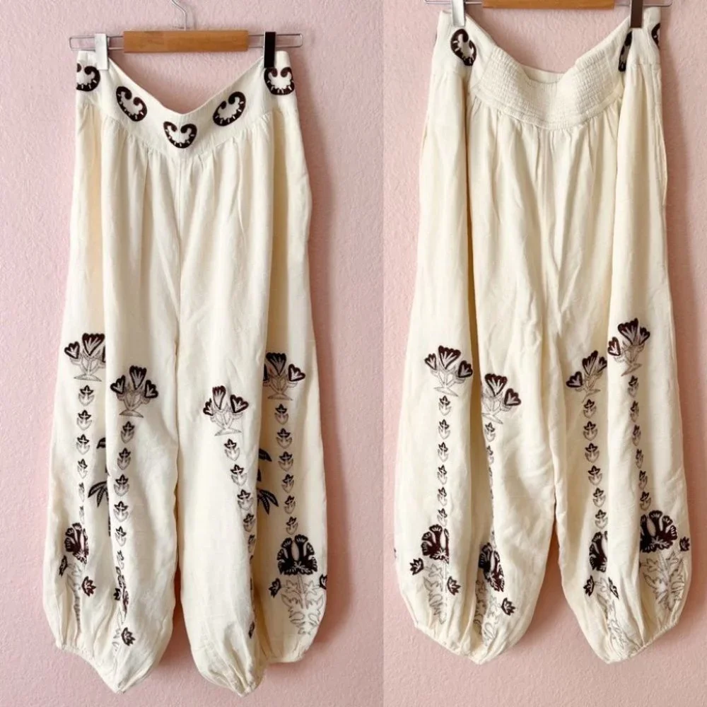 FREE People Kai Embroidered Cropped Top Pants Set Cream Brown Medium New - Picture 6 of 12
